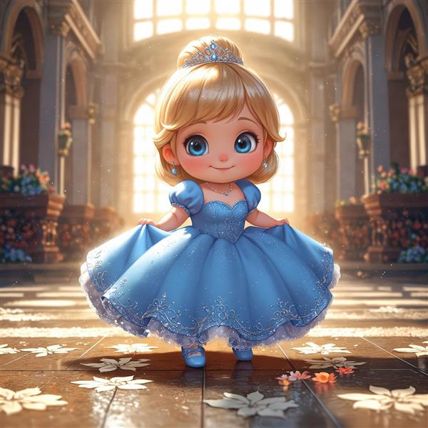 تصویر پرنسس زیبا با لباس آبی در سالن مجلل رقص زیر نور خورشید