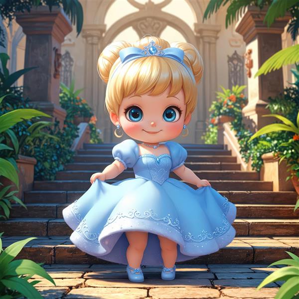 کودک پرنسس سیندرلا در پله‌های قصر سنگی با دکور باغ