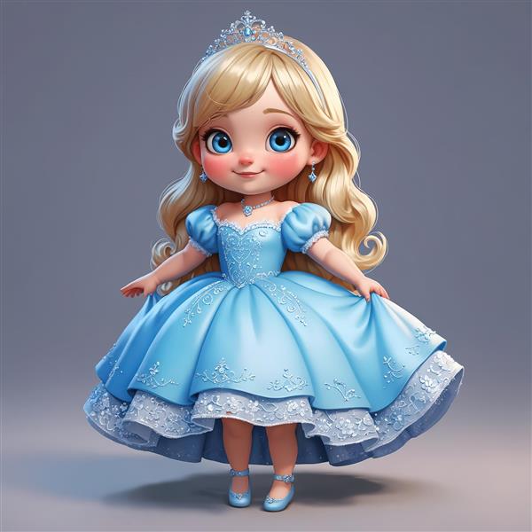 کارتون پرنسس بلوند زیبا با لباس آبی در استودیوی عکاسی