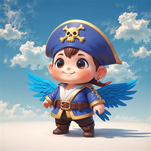 کودک خندان دزد دریایی با لباس آبی و کلاه آبی