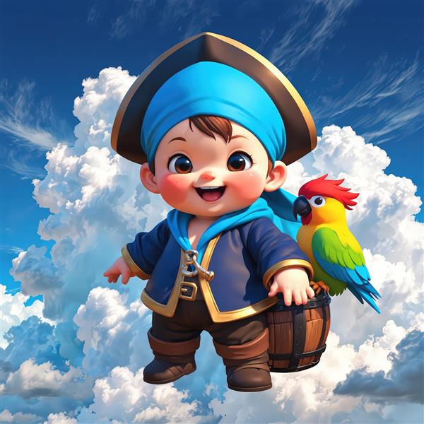 پوستر کودک دزد دریایی با طوطی رنگی و بشکه روی ابرها