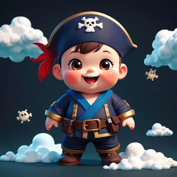 تصویر دزد دریایی کیوت میان ابرهای فانتزی و جمجمه‌های کوچک