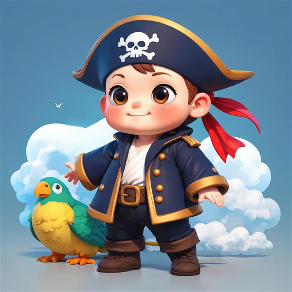 کارتون بچه دزد دریایی با طوطی سبز روی ابرهای سفید