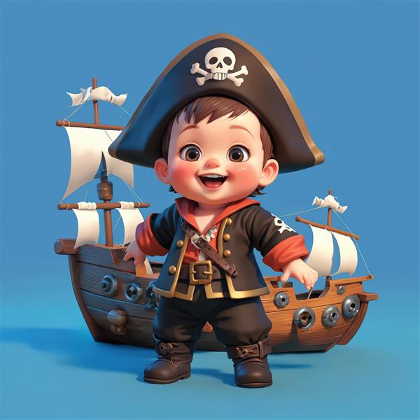 کودک خندان دزد دریایی با لباس مشکی و کلاه مقابل کشتی بادبانی