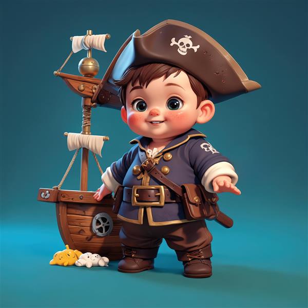 مجسمه دزد دریایی کیوت کنار لنگر کشتی با پس‌زمینه فیروزه‌ای