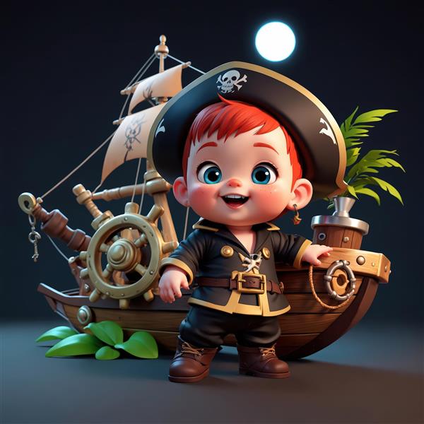 کارتون بچه‌ دزد دریایی با موی قرمز کنار کشتی و ماه کامل