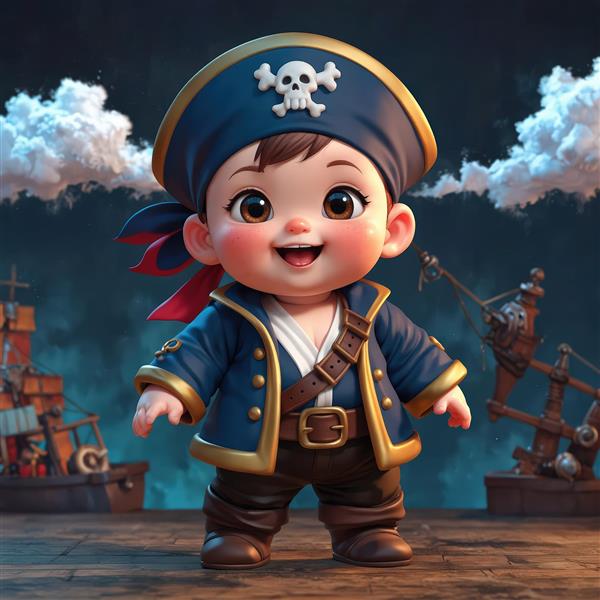 کودک دزد دریایی خندان با کلاه جمجمه مقابل کشتی‌های دزدان
