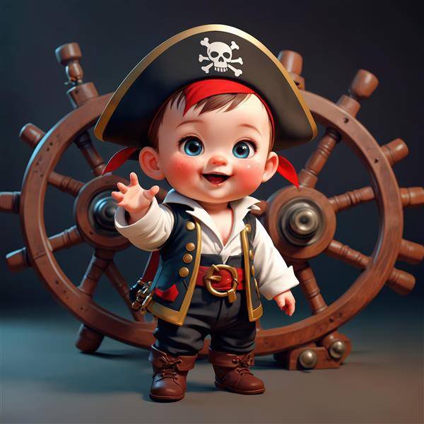 تصویر کودک دزد دریایی در مقابل سکان کشتی بزرگ