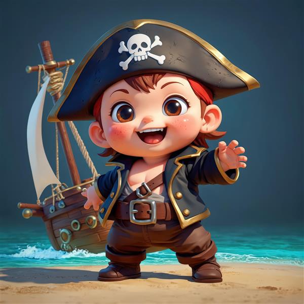 تصویر استودیوئی دزد دریایی کودک با چشمان آبی و کشتی بادبانی در آب‌های شبانه