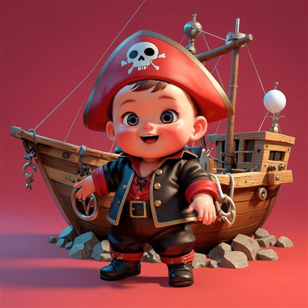 عکس دزد دریایی فانتزی کودکانه با کلاه قرمز و کشتی بزرگ چوبی در پس‌زمینه زرشکی