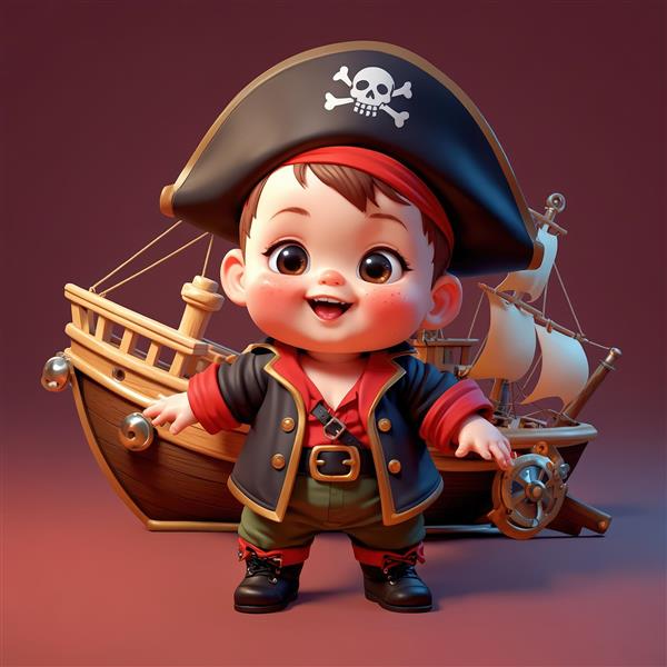 تصویر کودک دزد دریایی با لباس قرمز و مشکی، ایستاده جلوی کشتی بادبانی بزرگ با فرمان