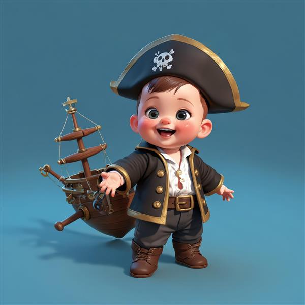 طرح گرافیکی باکیفیت دزد دریایی نوزاد با کشتی مدل در پشت سر و لباس مشکی و طلایی