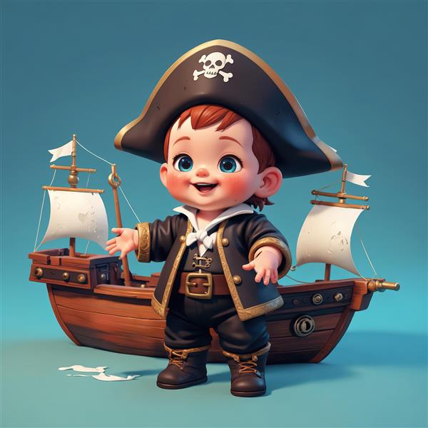 پوستر اورجینال دزد دریایی کیوت کودک با کشتی دو بادبانه در پشت سر، آماده برای سفر دریایی