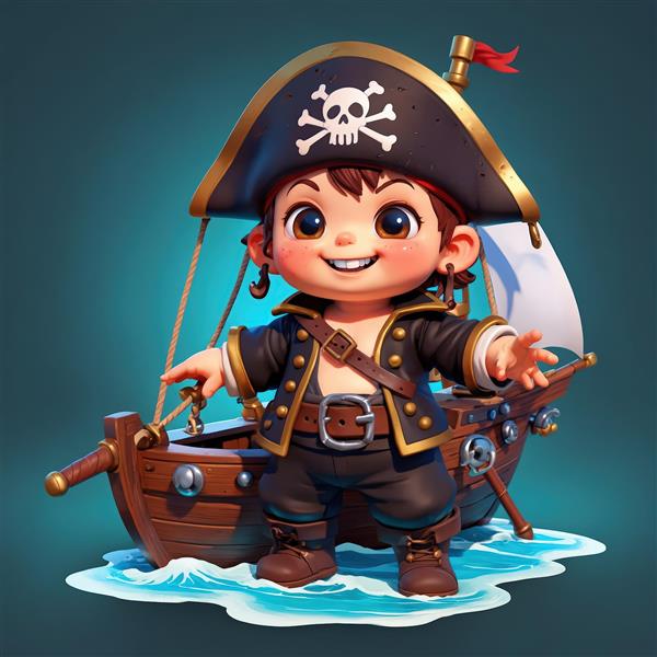 تصویر کودک دزد دریایی با لباس مشکی و کلاه سه‌گوش در حال ناخدایی یک قایق در آب‌های موج‌دار