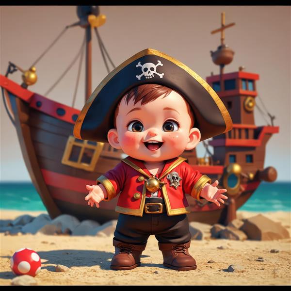 عکس دزد دریایی بامزه نوزاد با کت قرمز و کشتی بادبانی در ساحل شنی با توپ کوچک