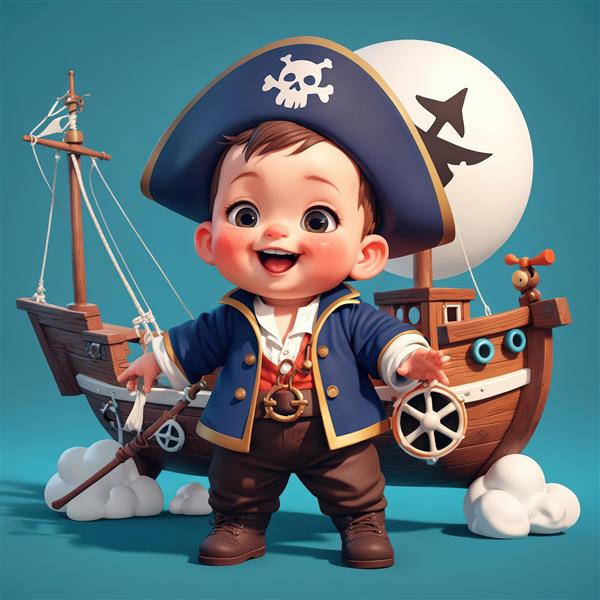 تصویر فانتزی کودک دزد دریایی با لباس آبی و فرمان کشتی در دست، با کشتی بزرگ در پشت سر
