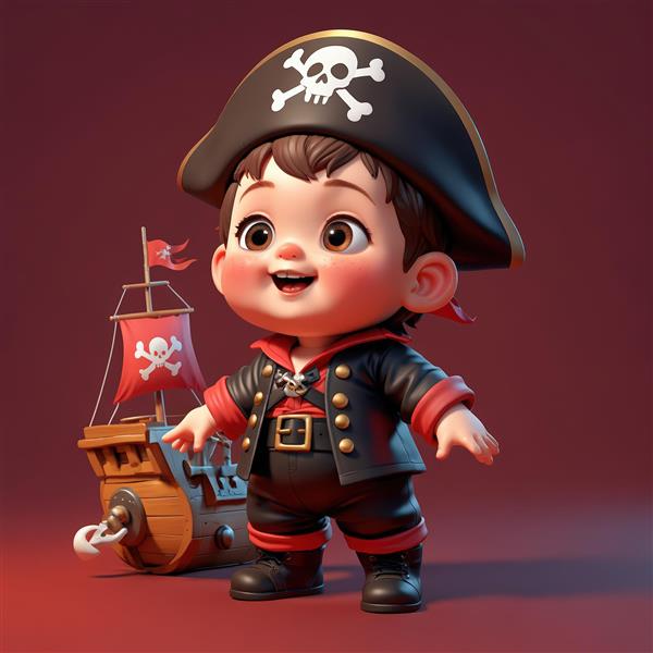 عکس اورجینال دزد دریایی کوچک با کشتی اسباب‌بازی قرمز و سیاه، ایستاده در پس‌زمینه زرشکی
