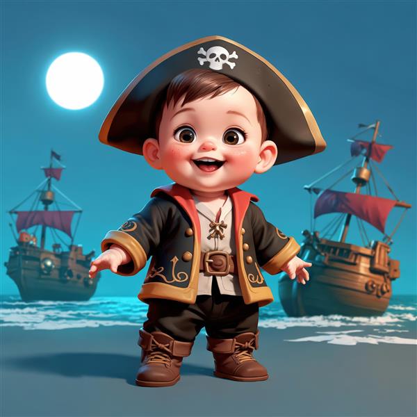 تصویر استودیوئی دزد دریایی کودکانه در شب مهتابی با دو کشتی بزرگ بادبانی در پس‌زمینه