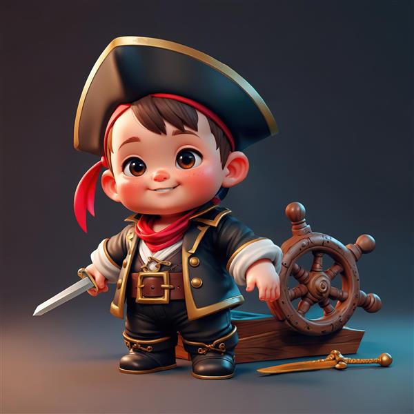 عکس دزد دریایی فانتزی کودک با شمشیر و دستمال گردن قرمز کنار فرمان کشتی چوبی