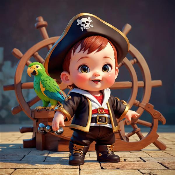 تصویر کودک دزد دریایی با طوطی سبز و فرمان بزرگ کشتی در پس‌زمینه سنگی و قهوه‌ای