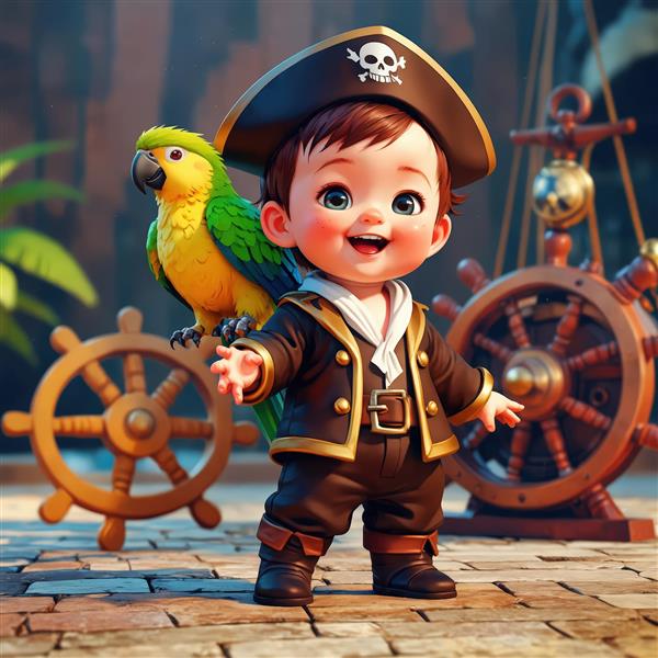 طرح گرافیکی باکیفیت دزد دریایی نوزاد با طوطی و دو فرمان کشتی چوبی در فضای باز