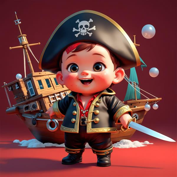 پوستر اورجینال دزد دریایی کیوت کودک با شمشیر در دست و کشتی بادبانی در پس‌زمینه قرمز