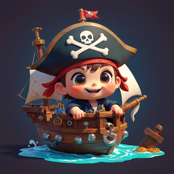 تصویر کودک دزد دریایی با کلاه سه‌گوش و جمجمه در حال نشستن داخل یک قایق کوچک چوبی