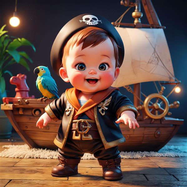 عکس دزد دریایی بامزه نوزاد با طوطی روی کشتی مدل چوبی در یک اتاق تاریک و دنج