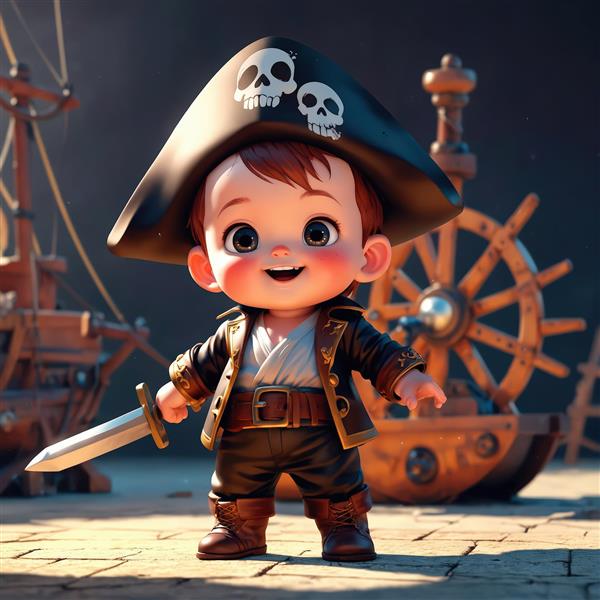تصویر فانتزی کودک دزد دریایی با شمشیر و کلاه جمجمه، ایستاده کنار فرمان کشتی چوبی