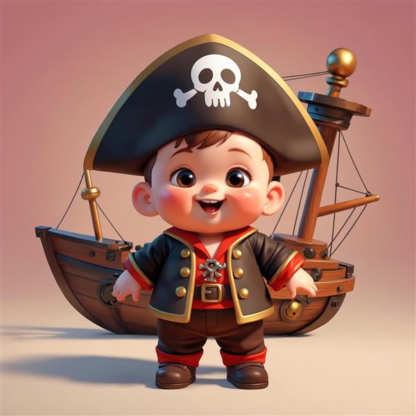 عکس اورجینال دزد دریایی کوچک با کشتی بادبانی در پشت سر و لباس قرمز و مشکی در استودیو