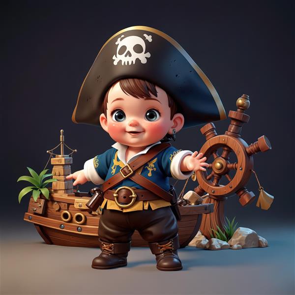 تصویر کودک دزد دریایی با کلاه سیاه و فرمان کشتی چوبی در پس‌زمینه استودیوئی با تم ماجراجویی