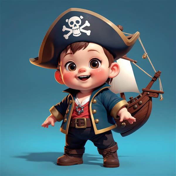 تصویر استودیوئی دزد دریایی کودک با کشتی بادبانی کوچک روی کول و کت آبی و طلایی