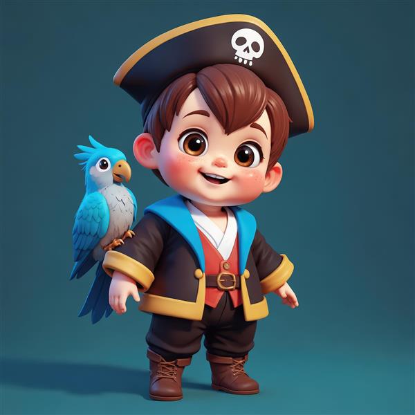 عکس دزد دریایی فانتزی کودکانه با طوطی آبی روشن روی شانه و کت سرمه‌ای با یقه آبی