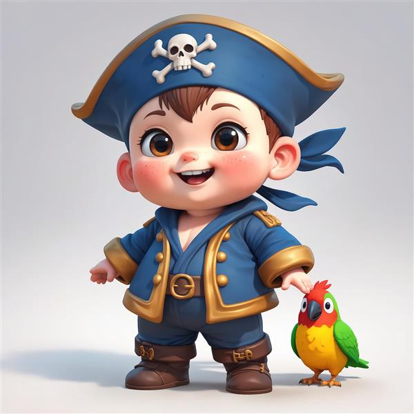 تصویر کودک دزد دریایی با کلاه آبی و طوطی کوچک ایستاده روی زمین در کنار خود