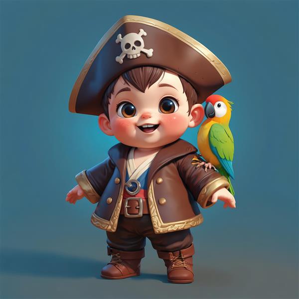 طرح گرافیکی باکیفیت دزد دریایی نوزاد با کت چرمی قهوه‌ای و طوطی رنگین‌کمان روی شانه