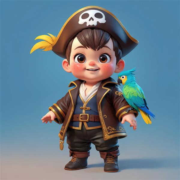 پوستر اورجینال دزد دریایی کیوت کودک با طوطی رنگارنگ روی شانه و پر زرد روی کلاه