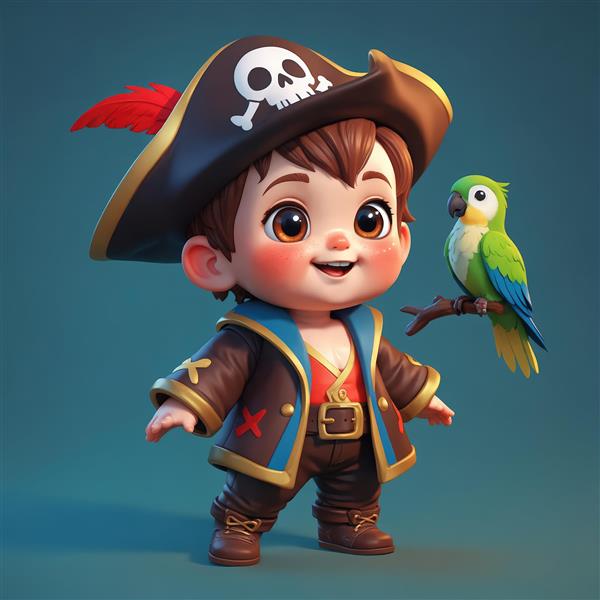 تصویر کودک دزد دریایی با کلاه سه‌گوش پردار و طوطی سبز و آبی روی شاخه در پس‌زمینه تیره