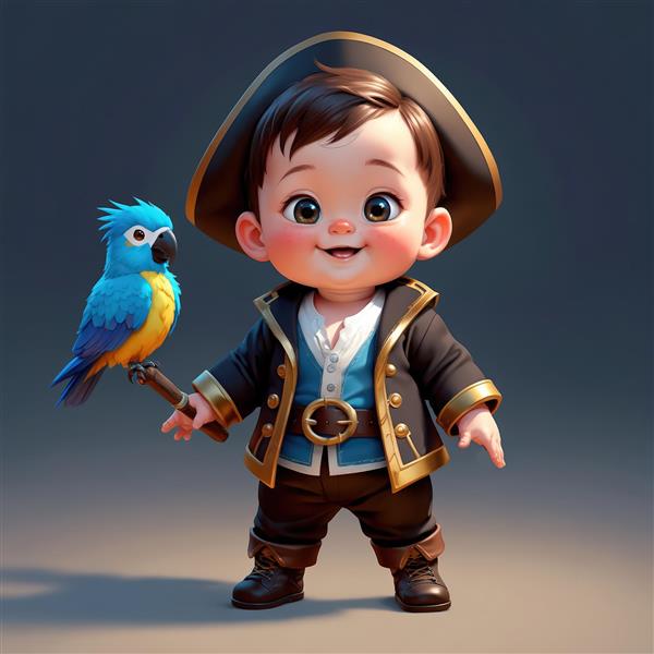 عکس دزد دریایی بامزه نوزاد با طوطی آبی و زرد روی عصا، با کت سرمه‌ای و طلایی در محیط استودیوئی