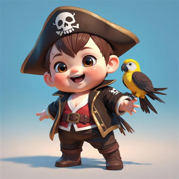 تصویر فانتزی کودک دزد دریایی با طوطی زرد و مشکی در دست، با کلاه جمجمه‌ای و کت قهوه‌ای و قرمز
