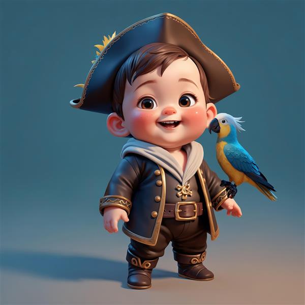 عکس اورجینال دزد دریایی کوچک با کت چرمی و طوطی آبی رنگ، ایستاده در پس‌زمینه استودیوئی آبی تیره