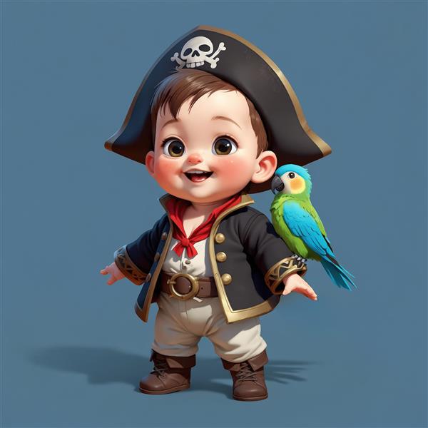 تصویر کارتونی دزد دریایی کودک با طوطی سبز و آبی روی شانه، با لباس مشکی و پس‌زمینه آبی ساده
