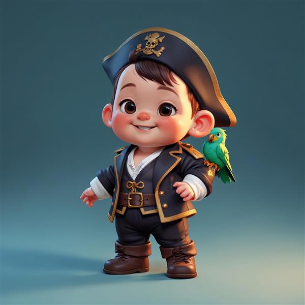 تصویر استودیوئی دزد دریایی کودکانه با طوطی سبز روی شانه و کت رسمی آبی تیره