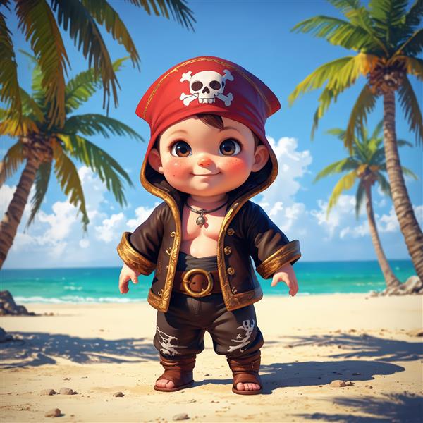 عکس دزد دریایی فانتزی کودکانه با کلاه قرمز و کت چرمی در ساحل اقیانوسی