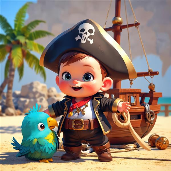 تصویر کودک دزد دریایی با طوطی آبی و کشتی چوبی در پس‌زمینه ساحل آفتابی و نخل‌ها