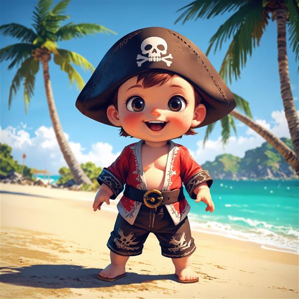 طرح گرافیکی باکیفیت دزد دریایی کودک بدون پیراهن با کلاه سیاه در ساحل شنی بکر