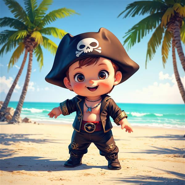 پوستر اورجینال دزد دریایی کیوت کودک با کت مشکی و شلوار تیره در ساحل استوایی زیبا
