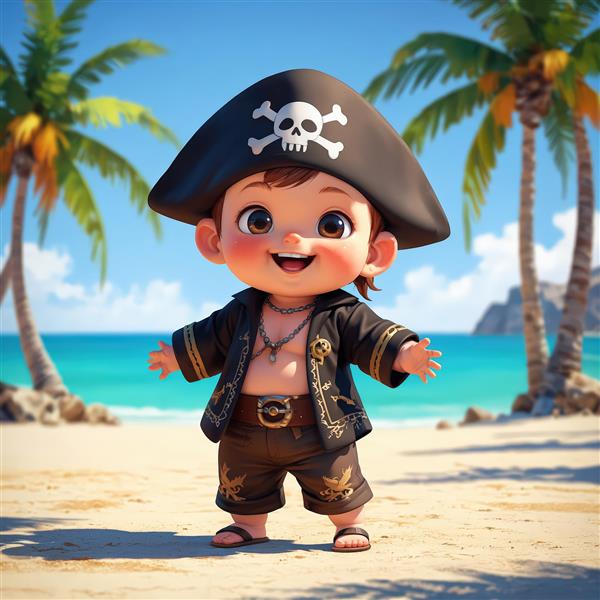 تصویر کودک دزد دریایی با لباس تیره و کلاه سه‌گوش در ساحل بکر با آب‌های فیروزه‌ای و صخره