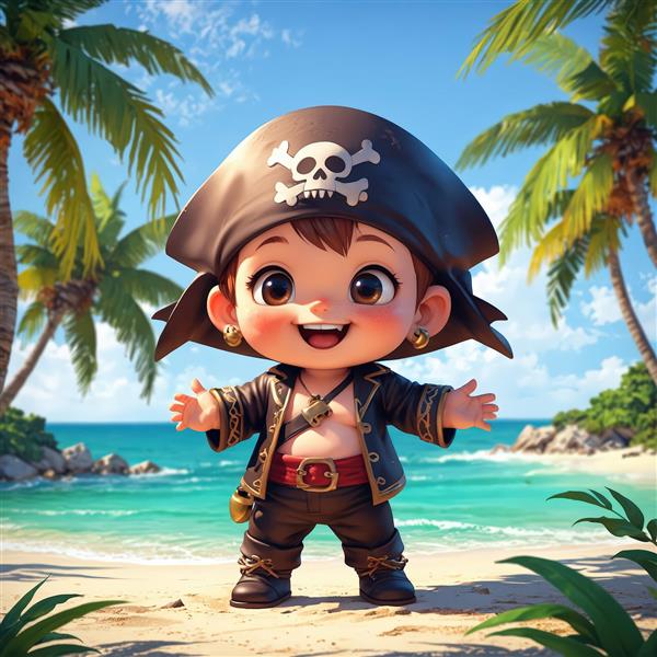 عکس دزد دریایی بامزه نوزاد با کلاه بزرگ سیاه و لباس قهوه‌ای در ساحل شنی با دستانی باز