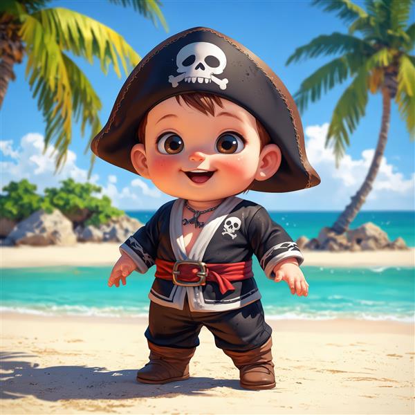 تصویر فانتزی کودک دزد دریایی با لباس مشکی و کلاه جمجمه‌ای در حال قدم زدن کنار آب دریا در روز آفتابی