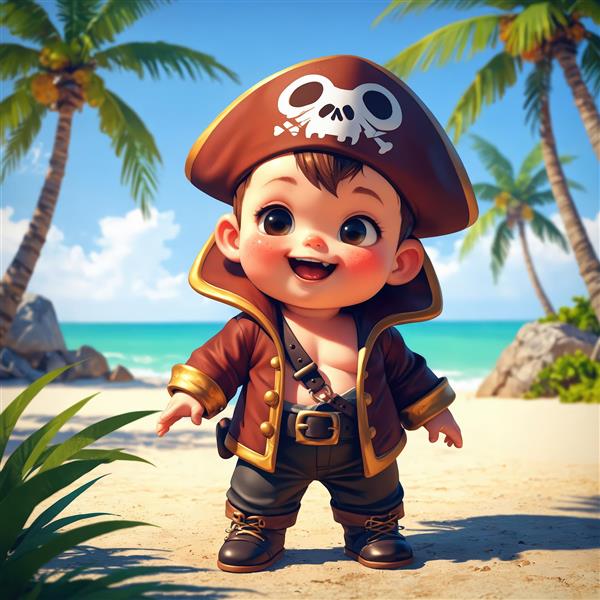 عکس اورجینال دزد دریایی کوچک قهوه‌ای پوش در ساحل آفتابی با پس‌زمینه درختان نخل و دریا